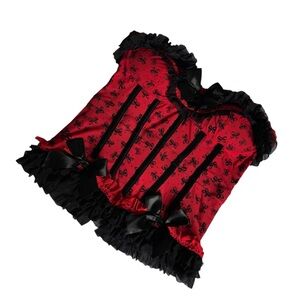 Coquette Red Black Bow Print Corset Top Ruffle Trim Womens XL Whimsygoth